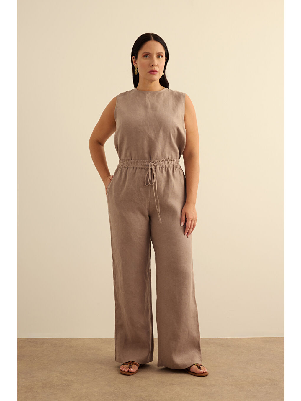 Bej Vizon Beli Lastikli Keten Pantolon-1