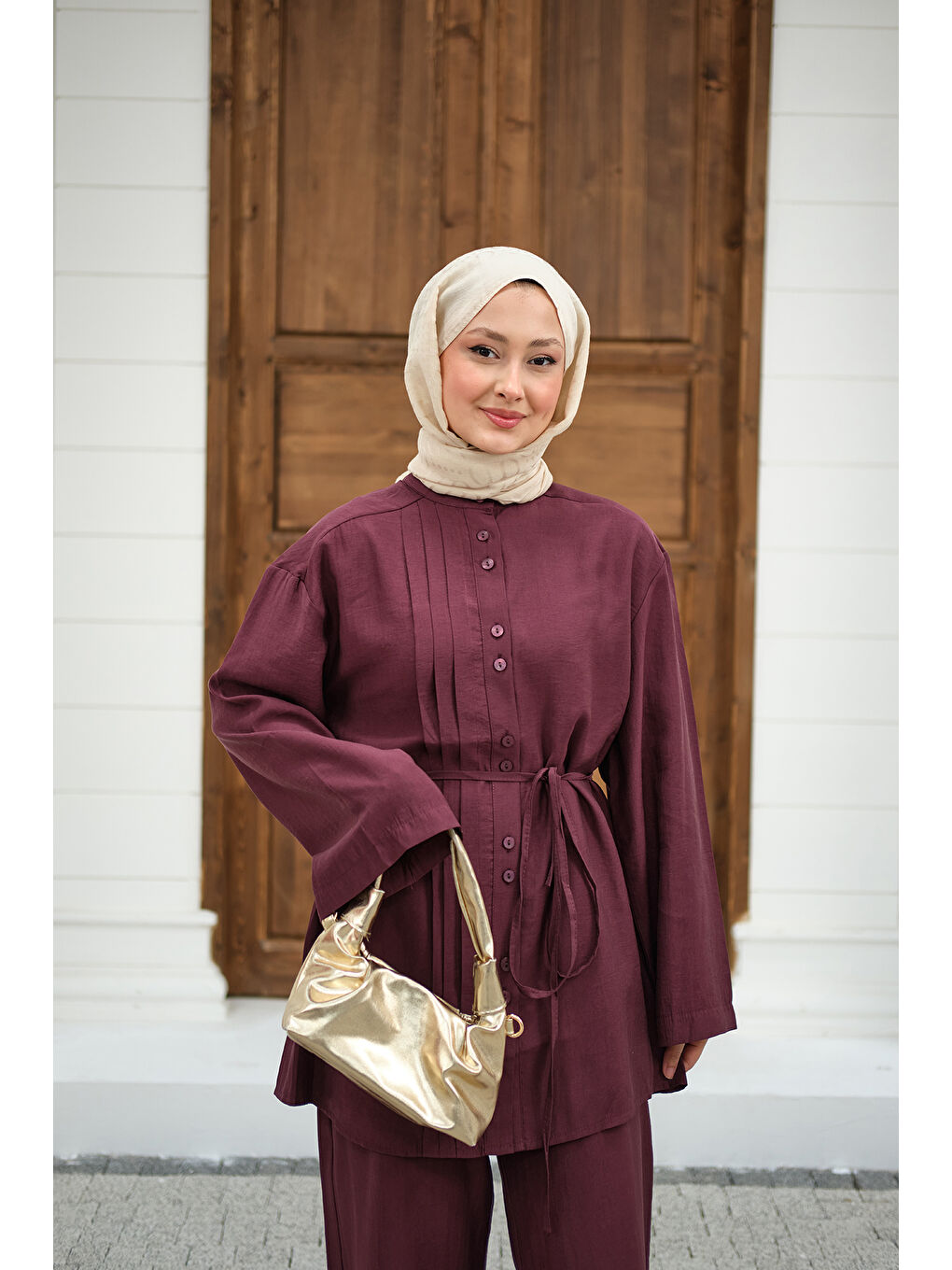 Kadın Büzgü Detay Bel Bağlamalı Takım Bordo-2