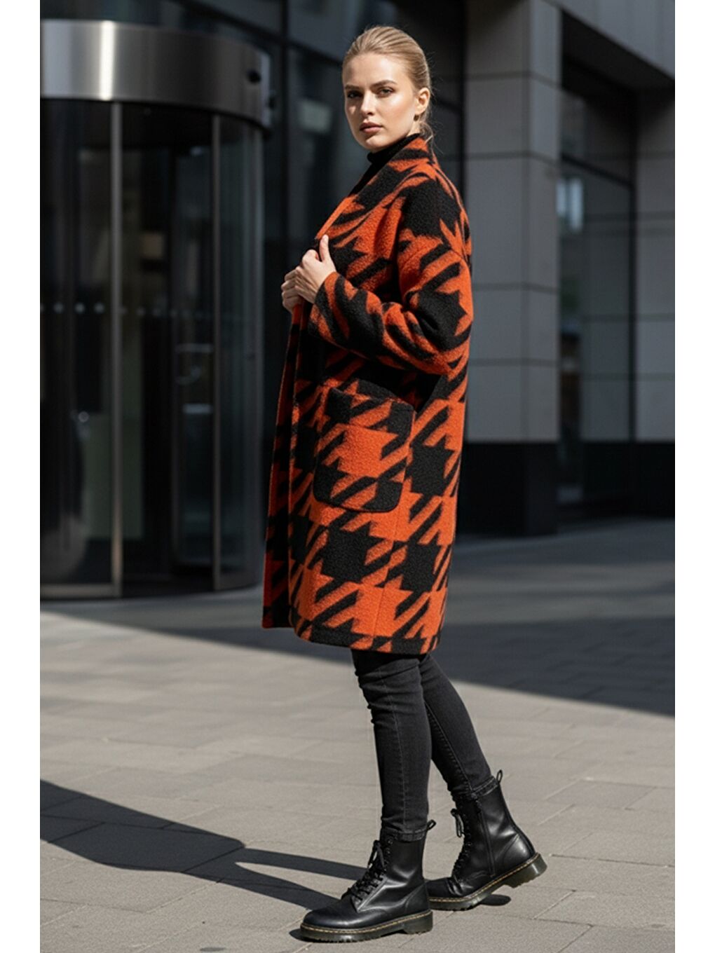 İtalyan Siyah-Turuncu Kimono Yaka Uzun Kol Kazayağı Kapamasız Cepli Casual Kaşe Dokuma Ceket 100 75-3