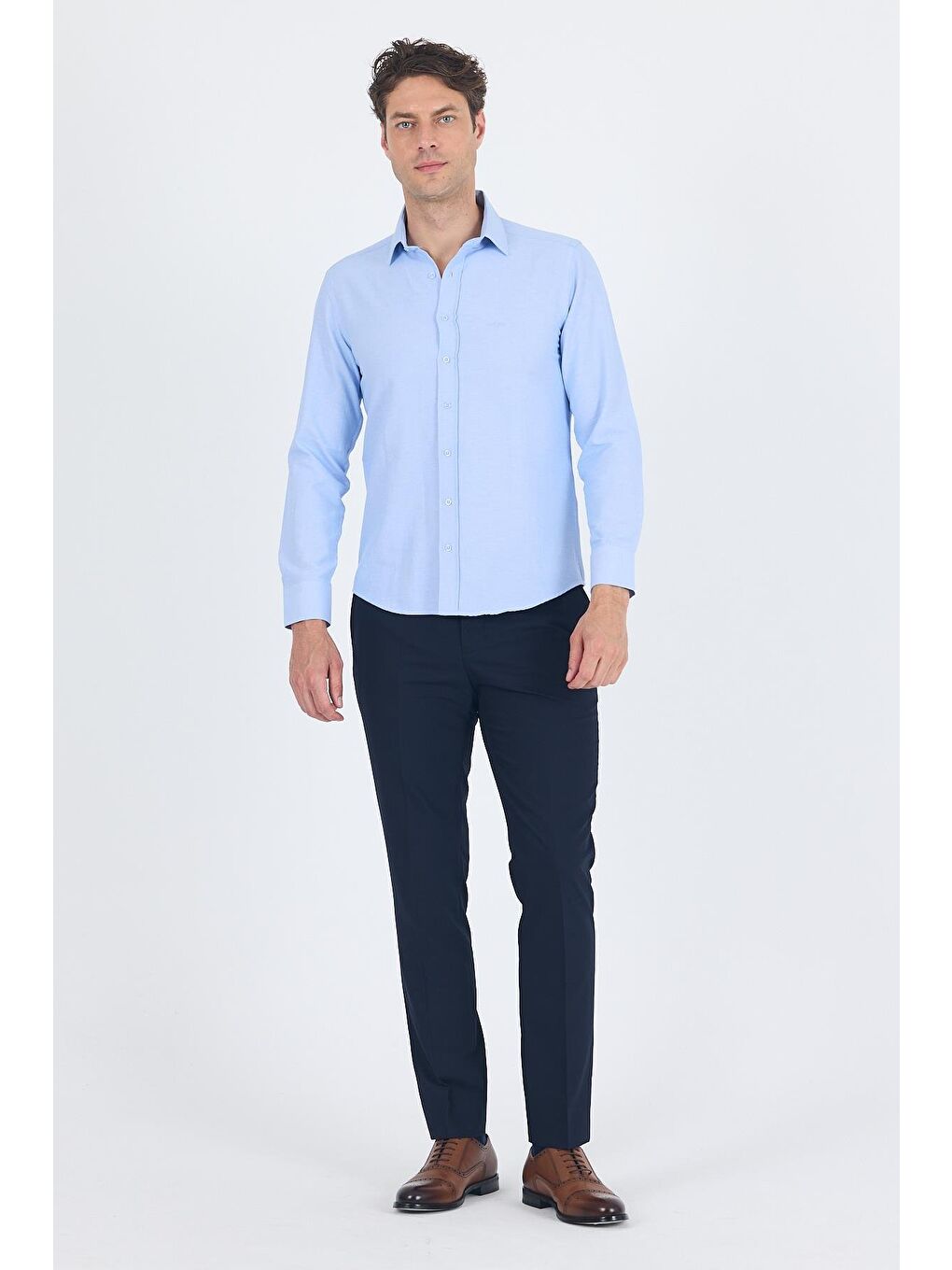 Mavi Sert Yaka Düz Classic Pamuklu Slim Fit Gömlek 1004250214-1