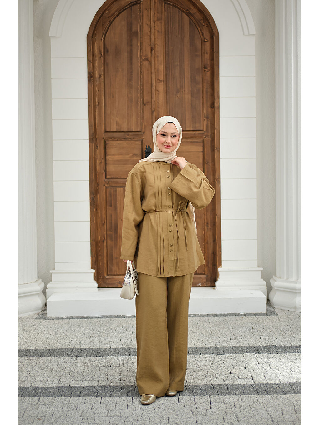 Kadın Büzgü Detay Bel Bağlamalı Takım Yağ Yeşil