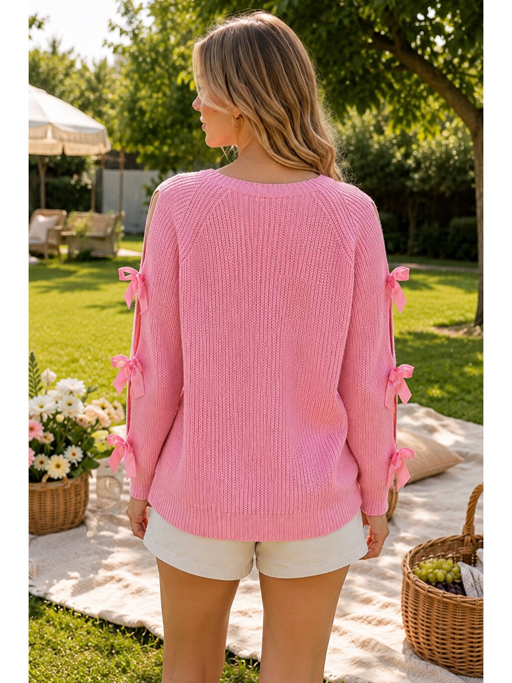 Pembe Kadın Fiyonk Detaylı Triko Bluz-3