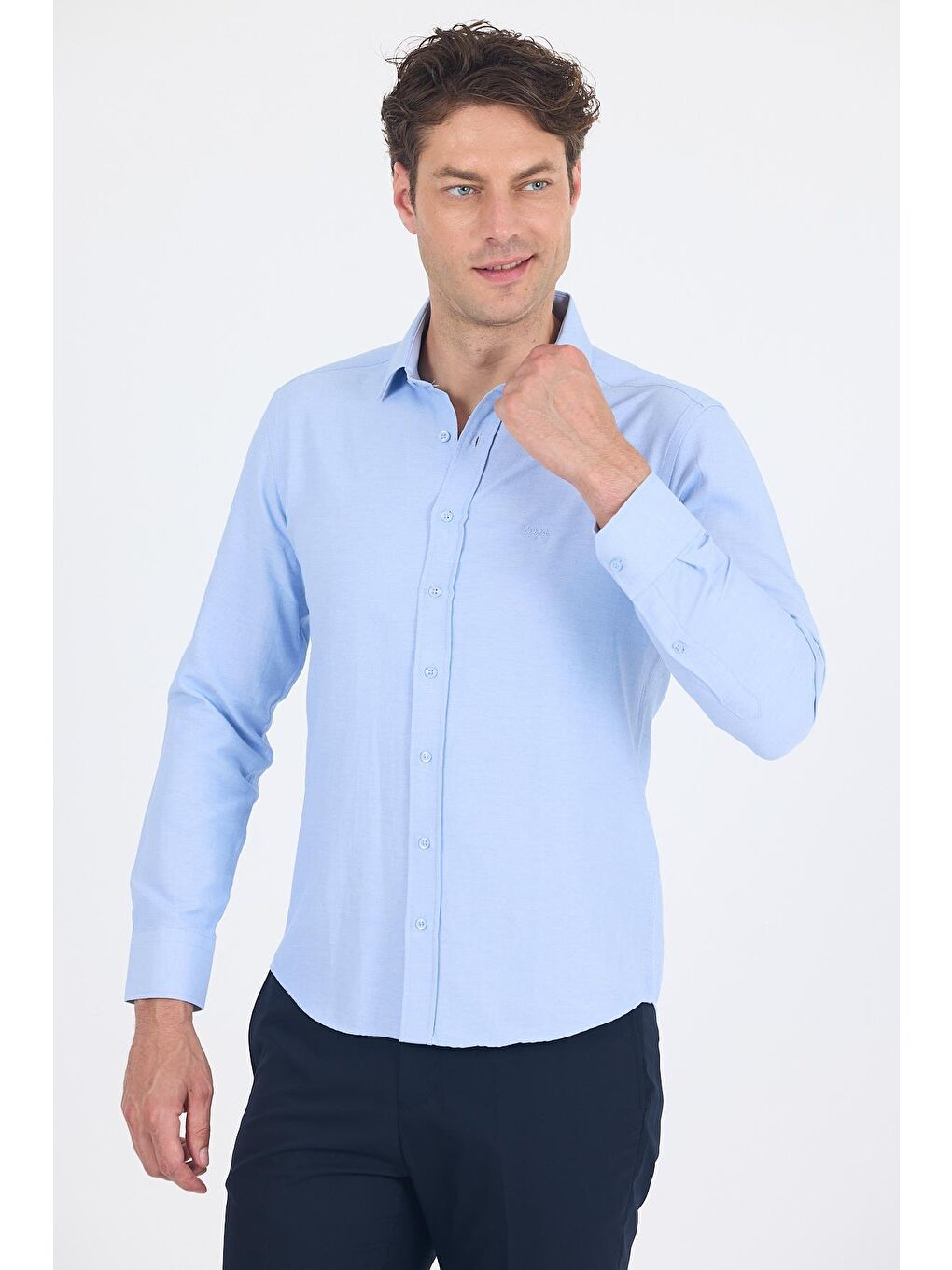Mavi Sert Yaka Düz Classic Pamuklu Slim Fit Gömlek 1004250214-2