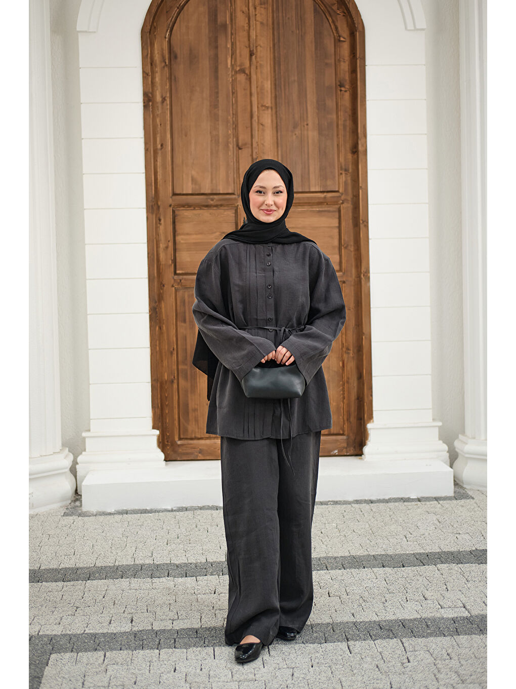 Kadın Büzgü Detay Bel Bağlamalı Takım Antrasit-1