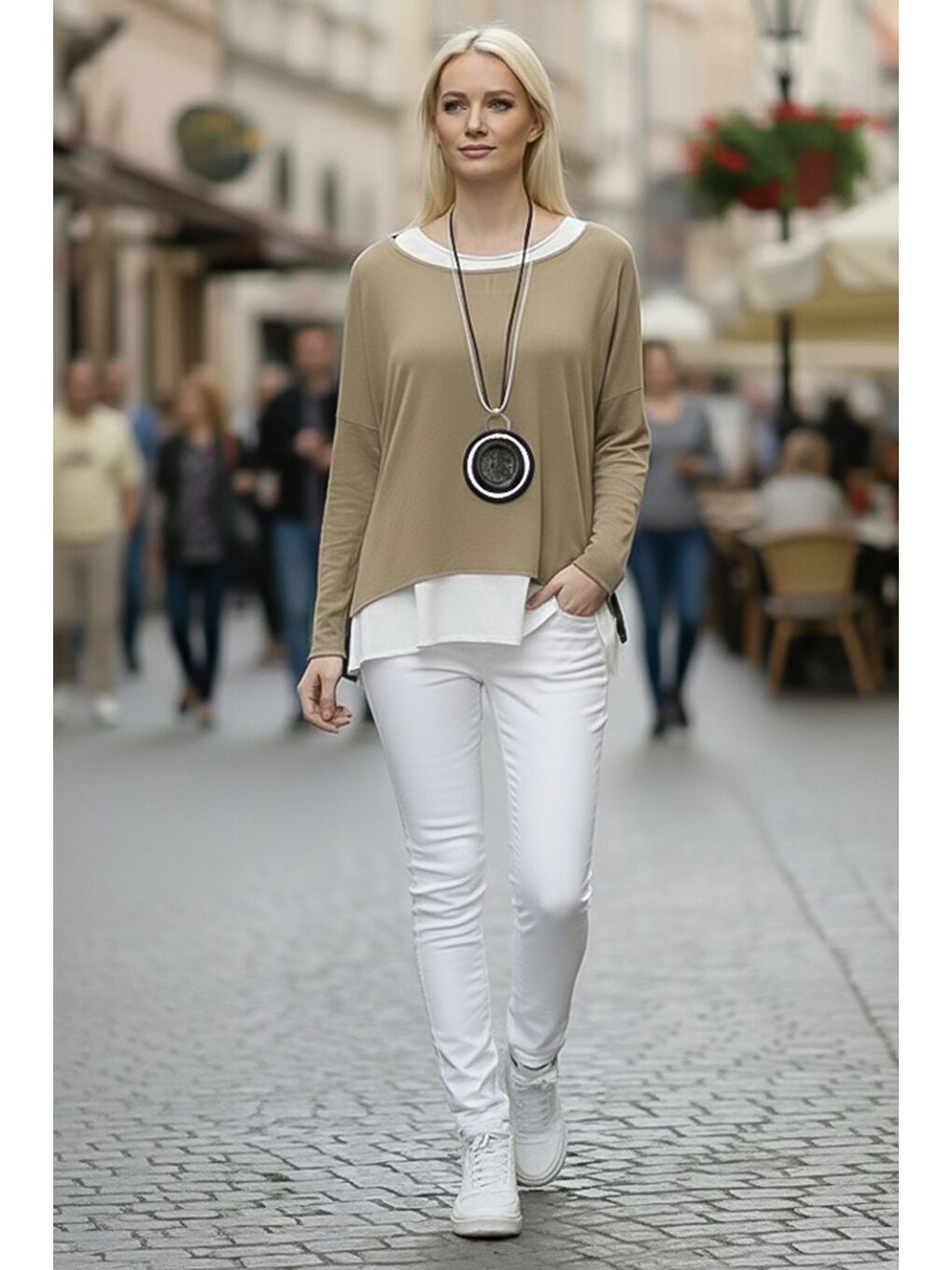 Bej Havuz Yaka Uzun Kol İnce İkili Set Kolyeli Casual Oversize Triko Bluz 70 74-1