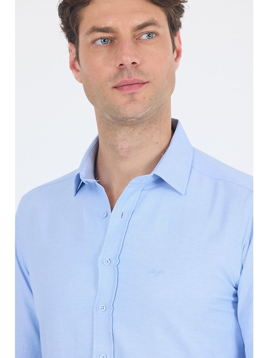 Mavi Sert Yaka Düz Classic Pamuklu Slim Fit Gömlek 1004250214-3
