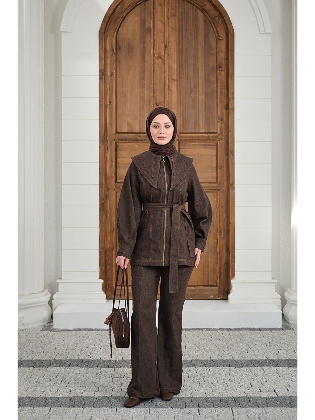 Kadın Fermuarlı Jean Takım Kahverengi-4