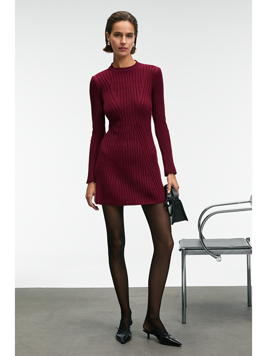 Encanto Kadın Yuvarlak Yaka Çizgi Desenli Slim Fit Bordo Elbise-1