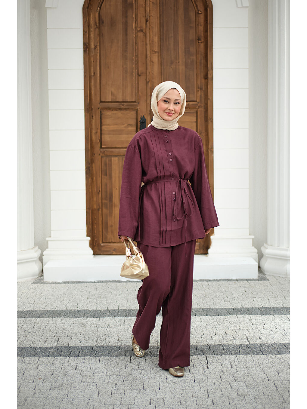 Kadın Büzgü Detay Bel Bağlamalı Takım Bordo-3