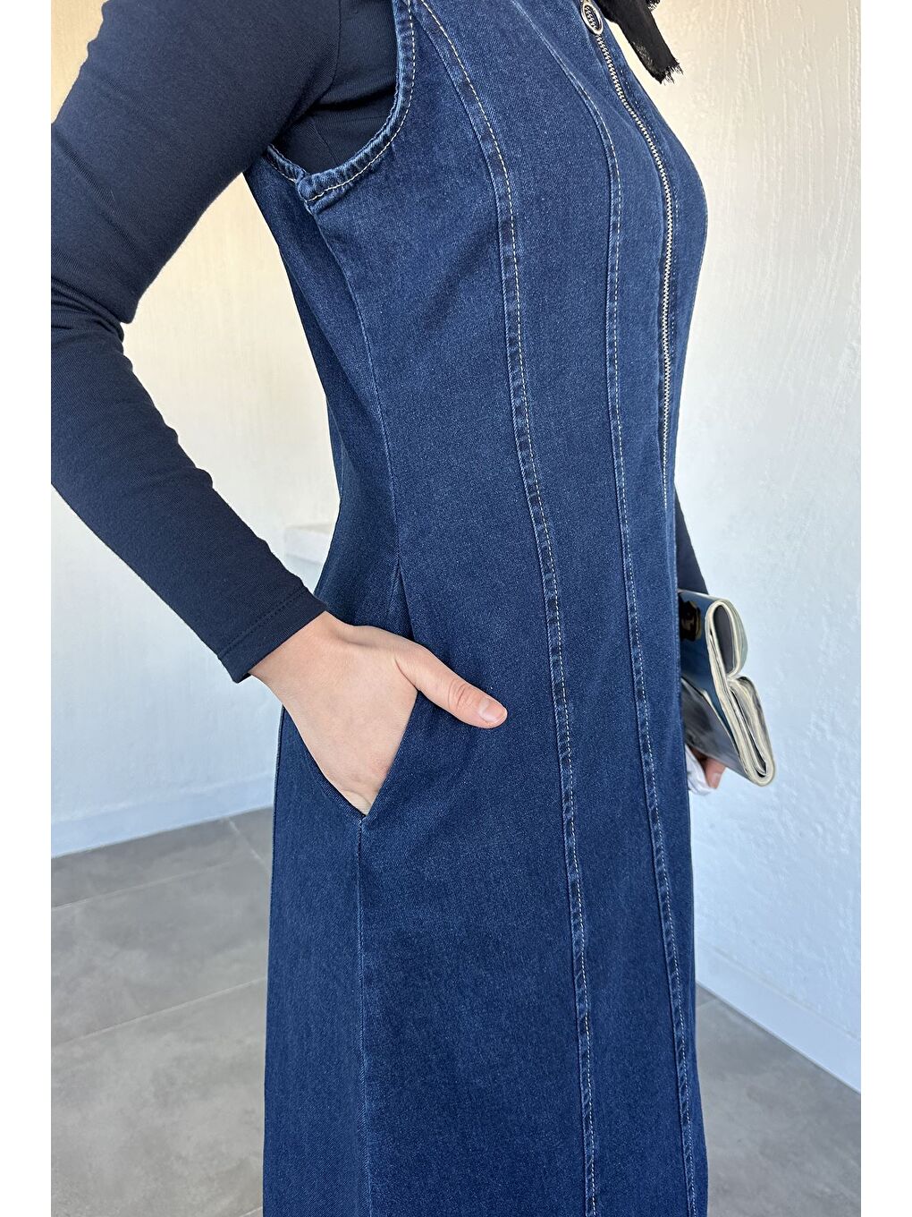 Lacivert Boydan Fermuarlı Jean Jean Tesettür Elbise-11