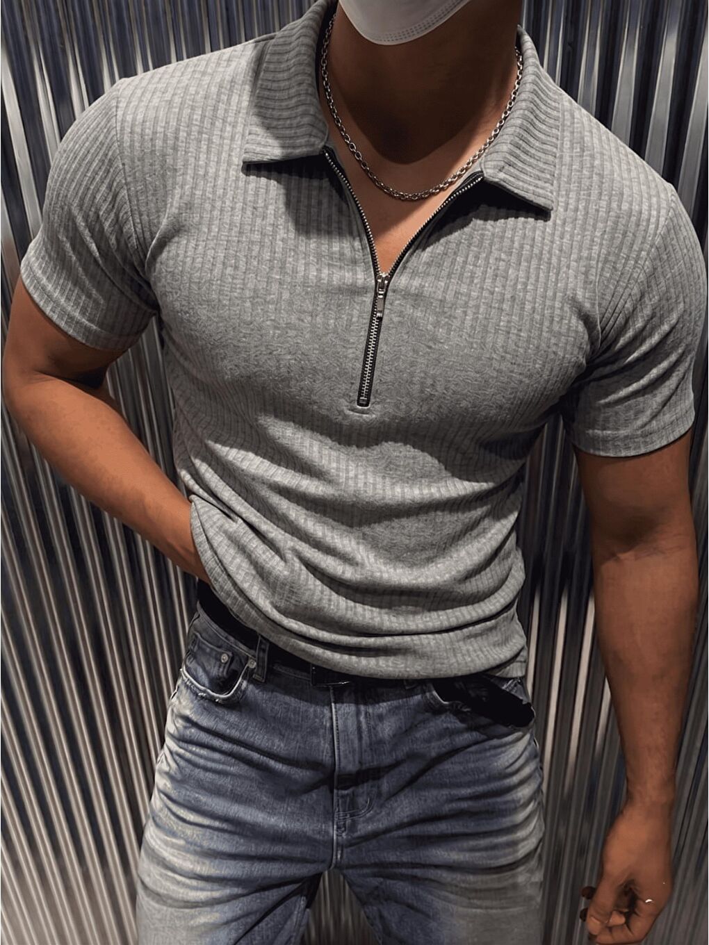 Antrasit Luuk Erkek Slim Fit Fermuarlı Polo Yaka Fitilli T-Shirt