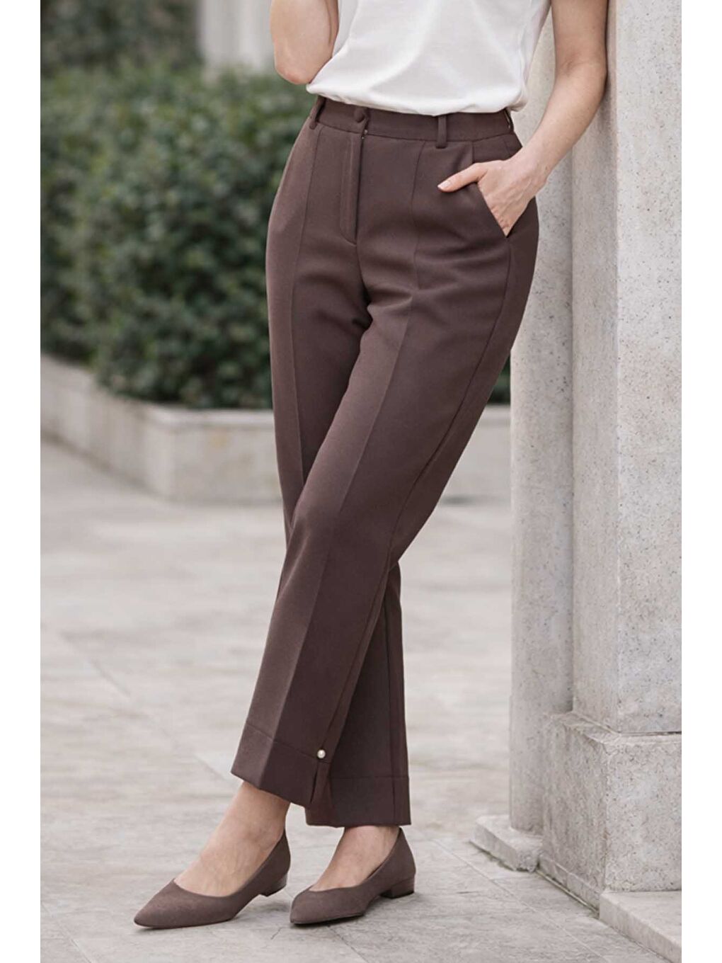 Kahverengi Kadın Bilek Boy Kumaş Pantolon 01 Koyu Vizon