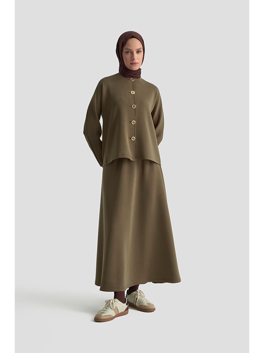 Düğme Detaylı Örme Takım 25Kd1805 Haki-1