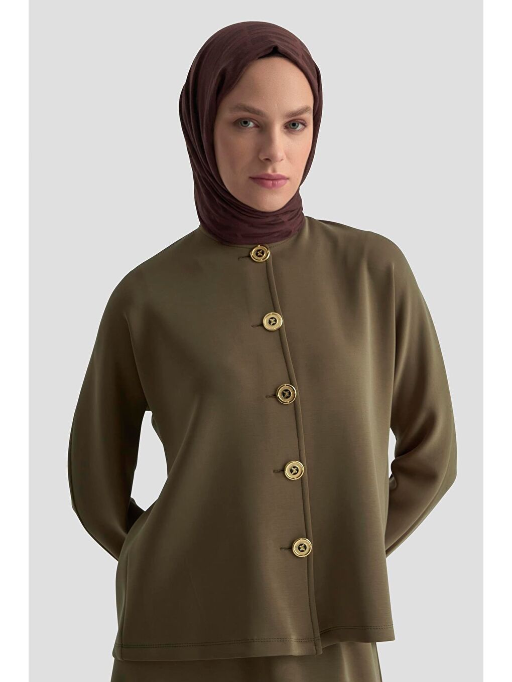 Düğme Detaylı Örme Takım 25Kd1805 Haki-2