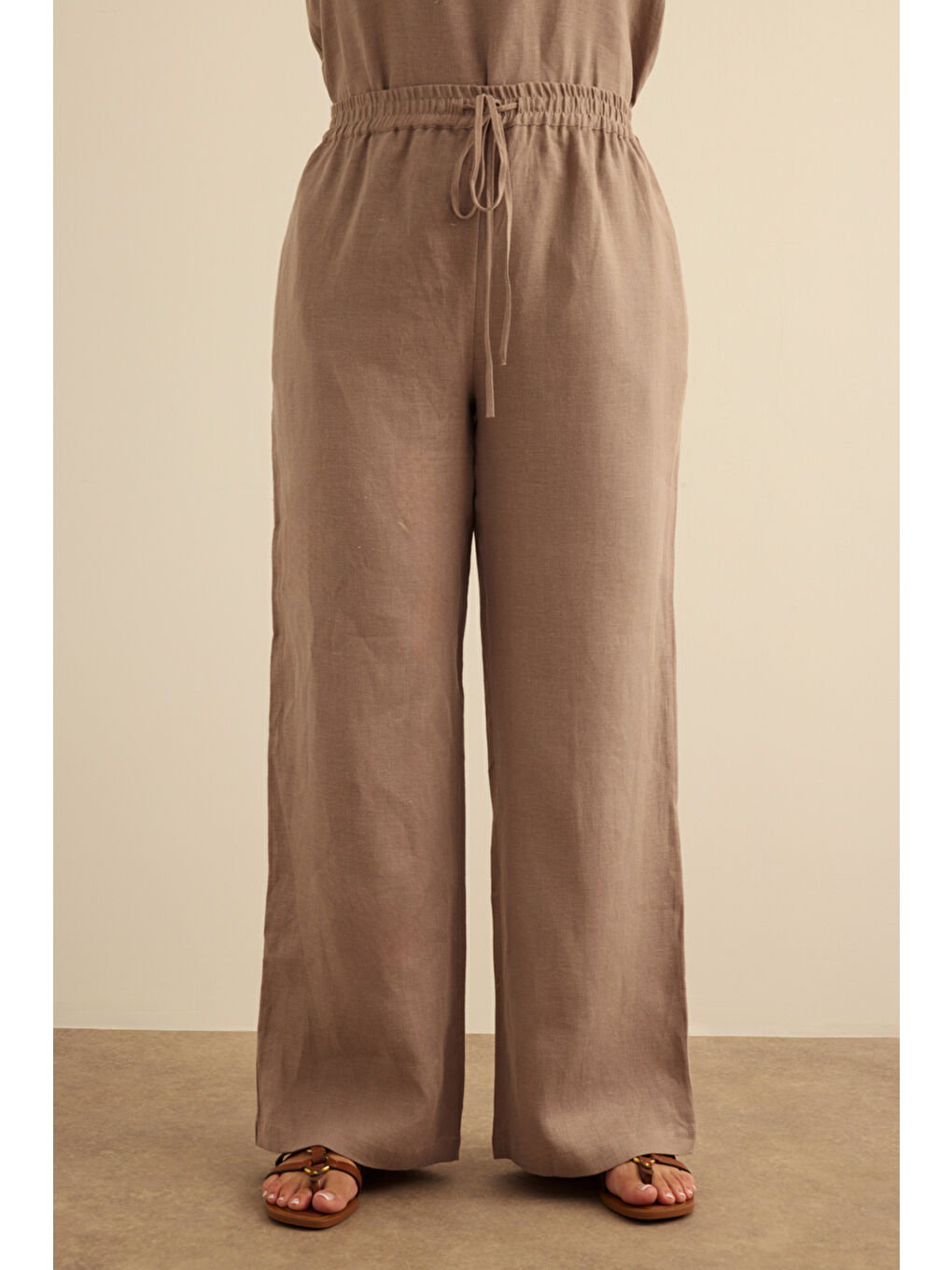 Bej Vizon Beli Lastikli Keten Pantolon-2