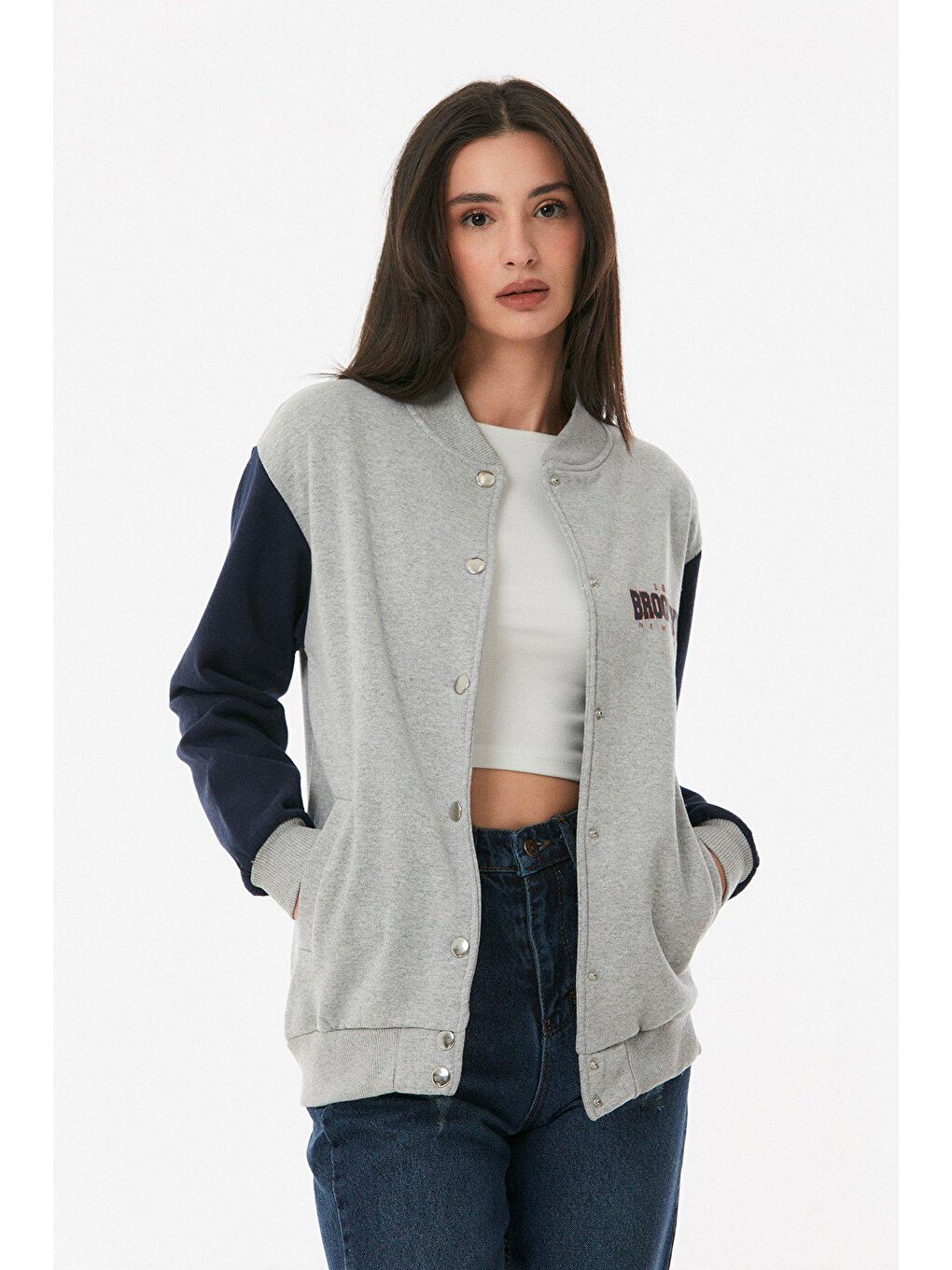 Gri Brooklyn Baskılı Çıt Çıtlı Kolej Ceket