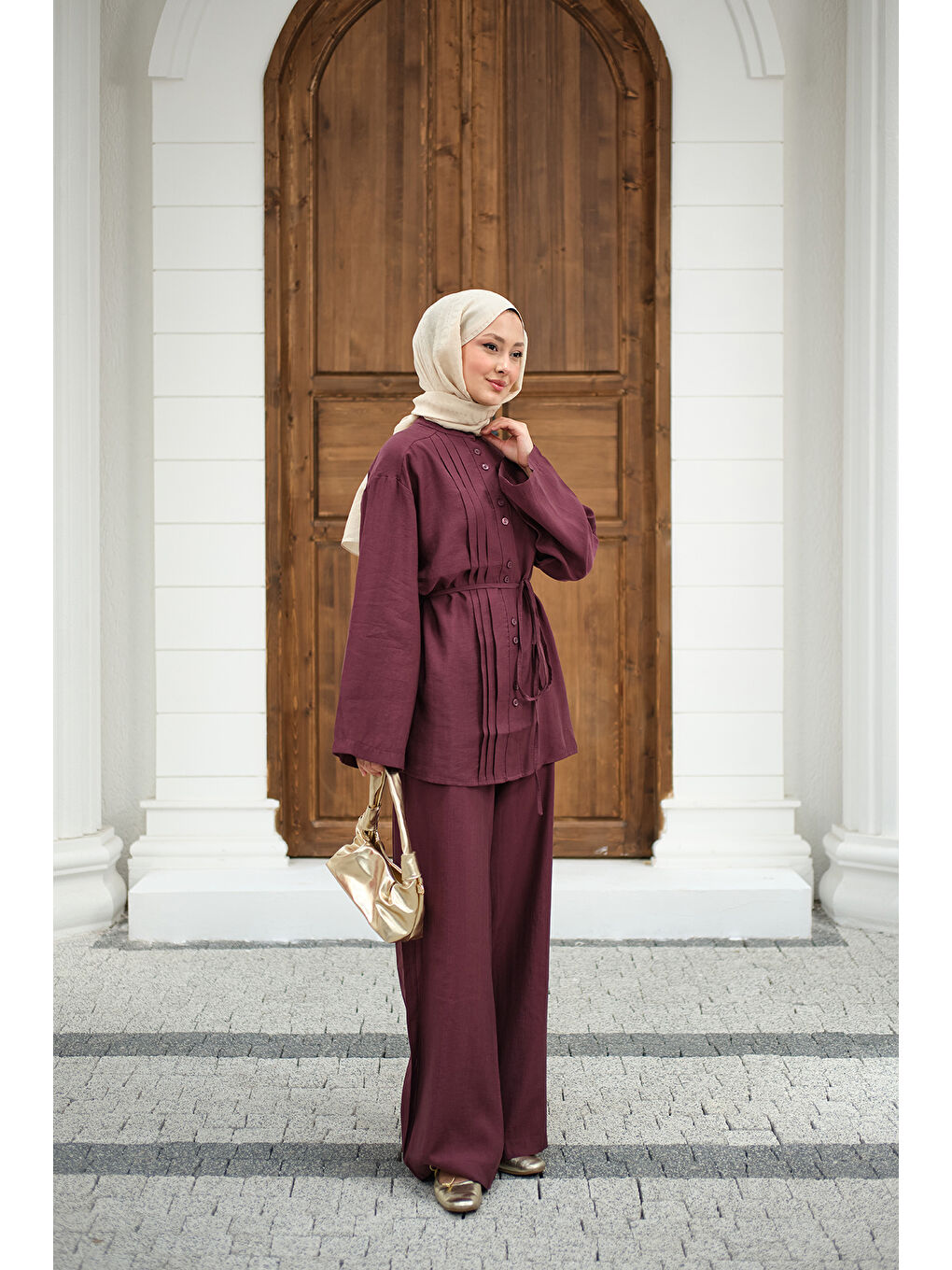Kadın Büzgü Detay Bel Bağlamalı Takım Bordo-4