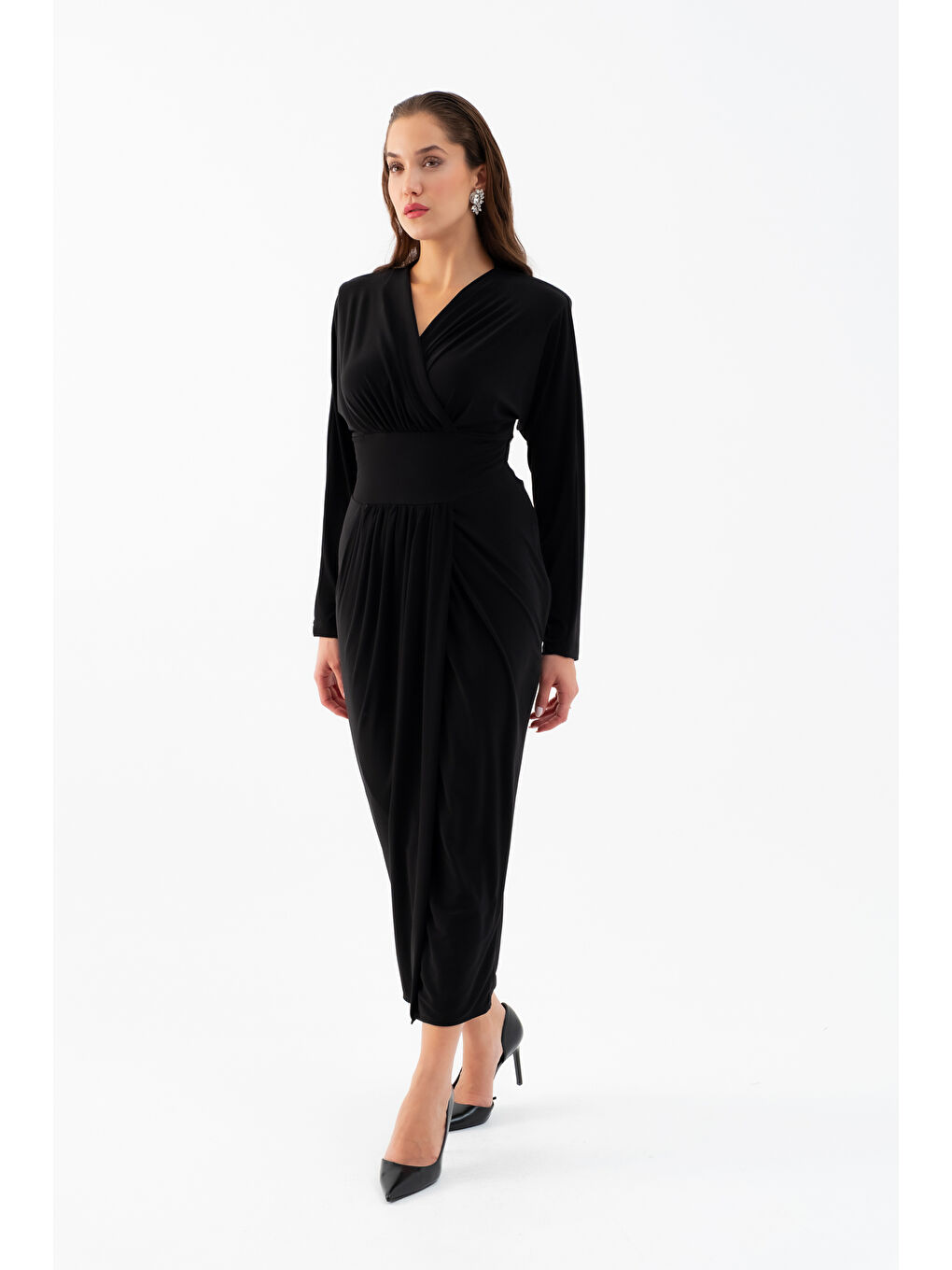 Kadın Siyah V Yaka Midi Elbise-1