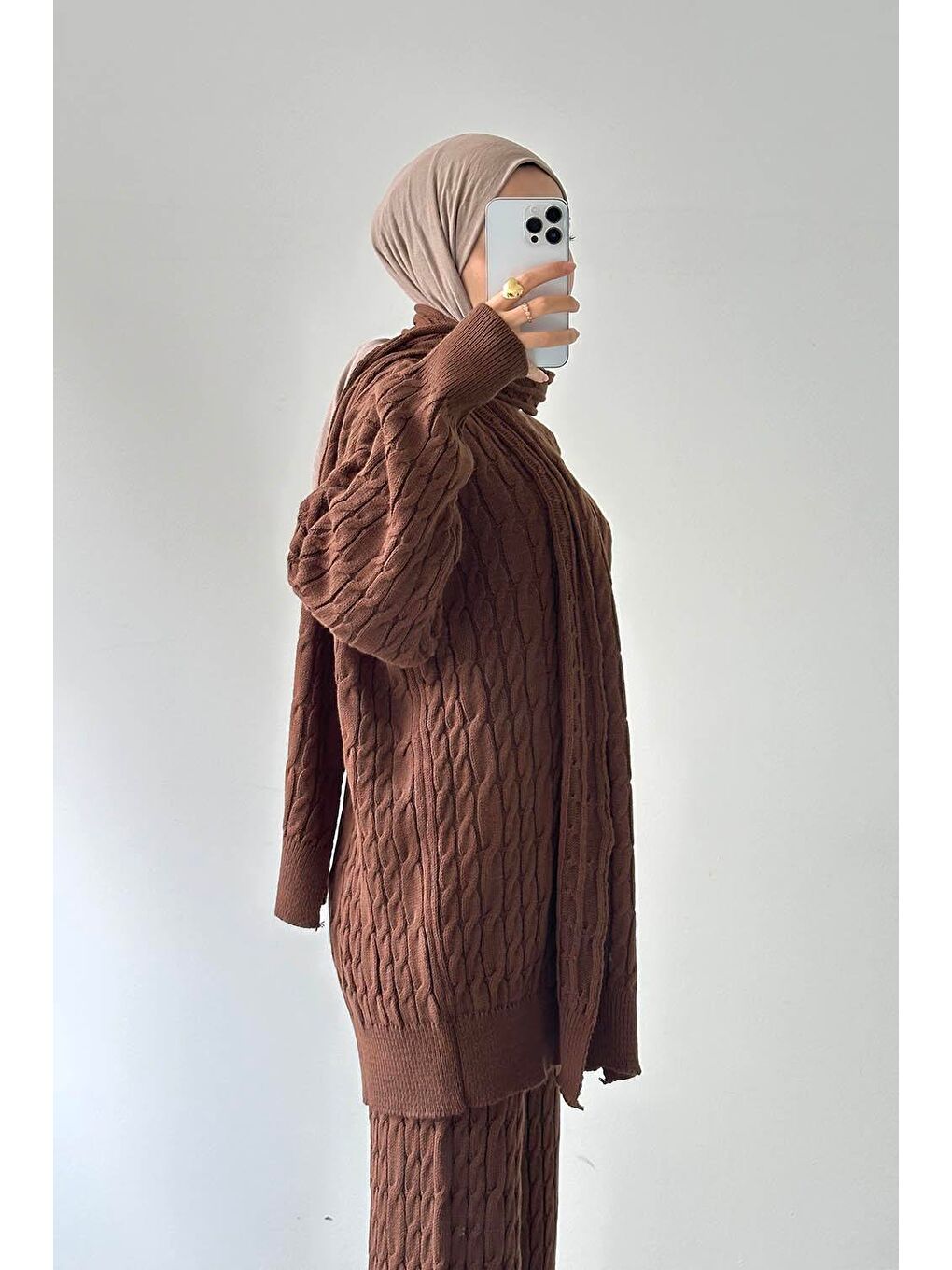 Atkılı Örülü Tesettür Takım Acı Kahverengi-1