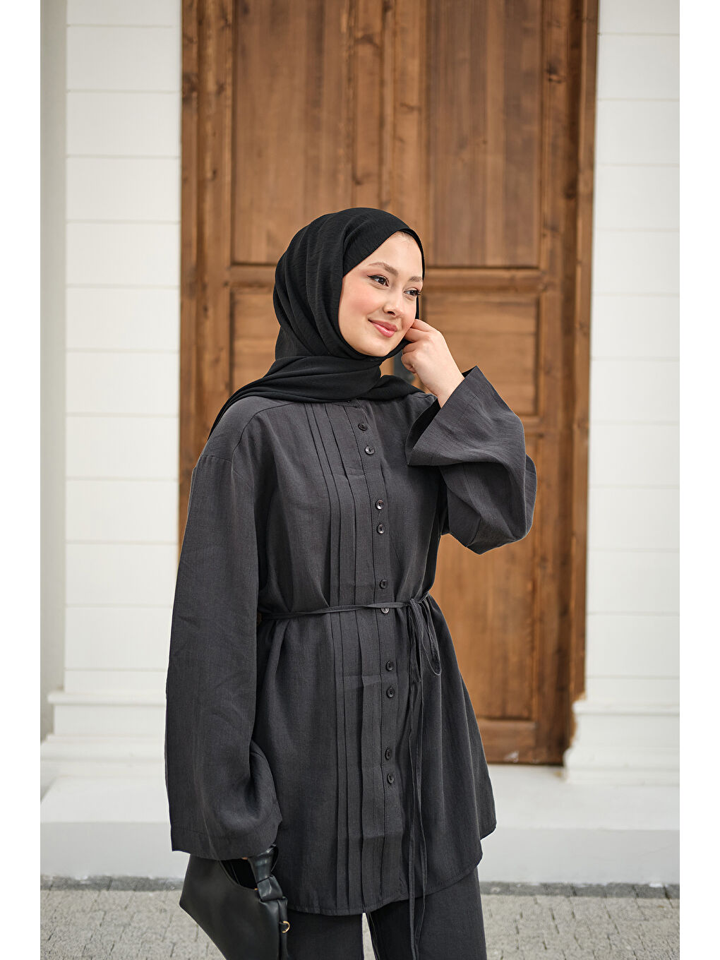 Kadın Büzgü Detay Bel Bağlamalı Takım Antrasit-2