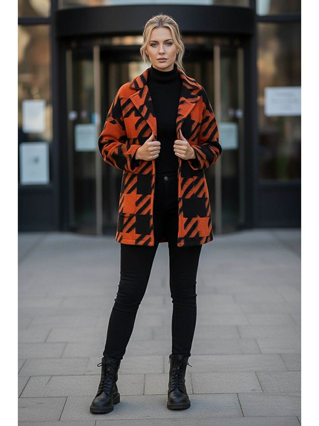 İtalyan Siyah-Turuncu Kimono Yaka Uzun Kol Kazayağı Kapamasız Cepli Casual Kaşe Dokuma Ceket 100 75-6