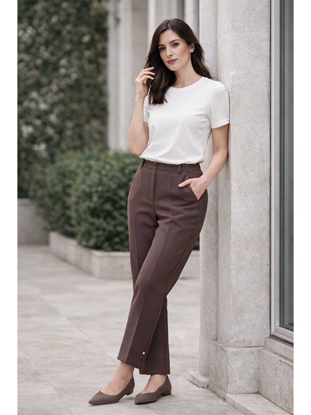 Kahverengi Kadın Bilek Boy Kumaş Pantolon 01 Koyu Vizon-3