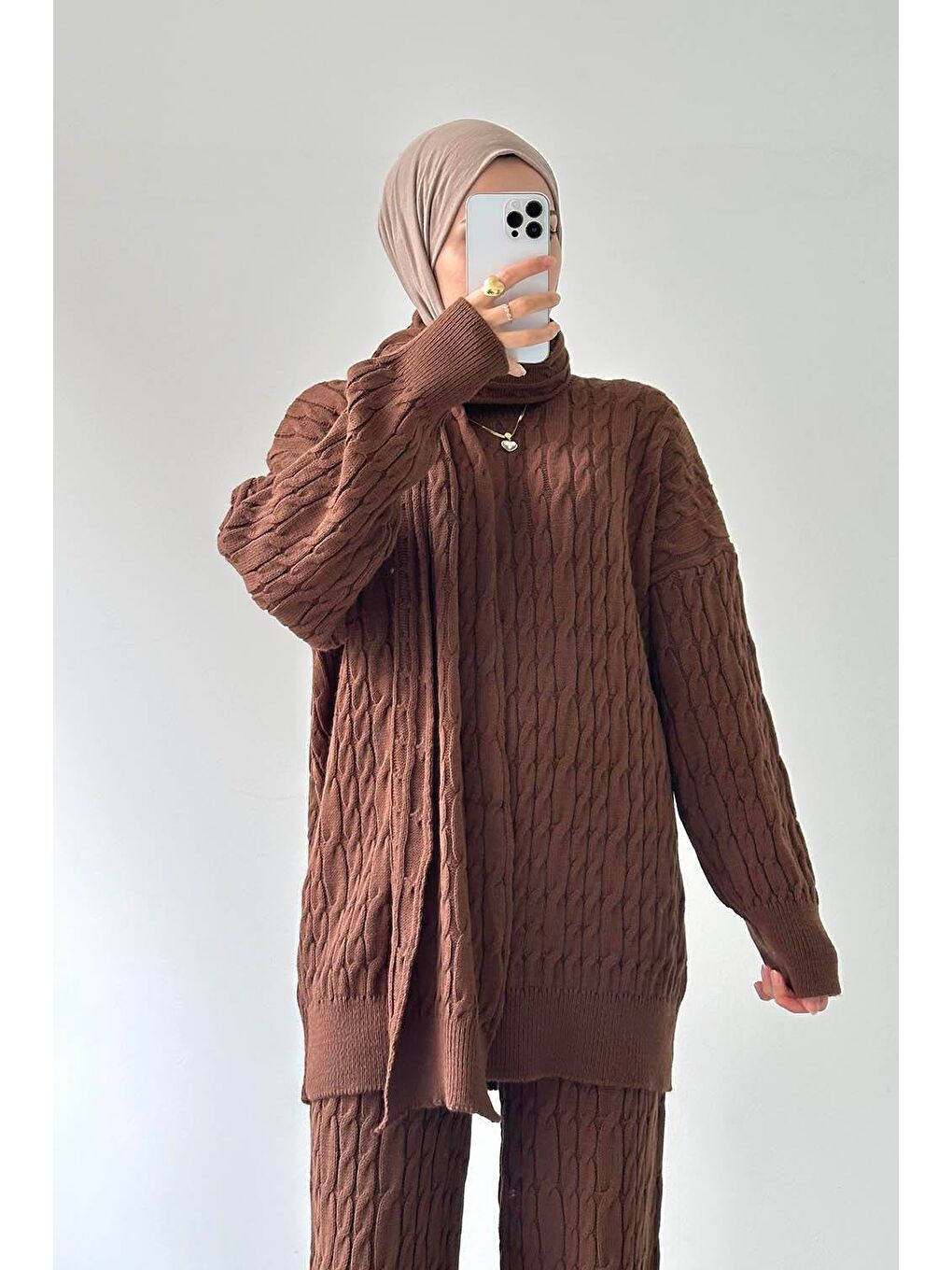 Atkılı Örülü Tesettür Takım Acı Kahverengi-2