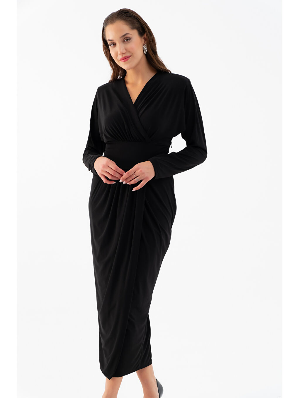 Kadın Siyah V Yaka Midi Elbise-2