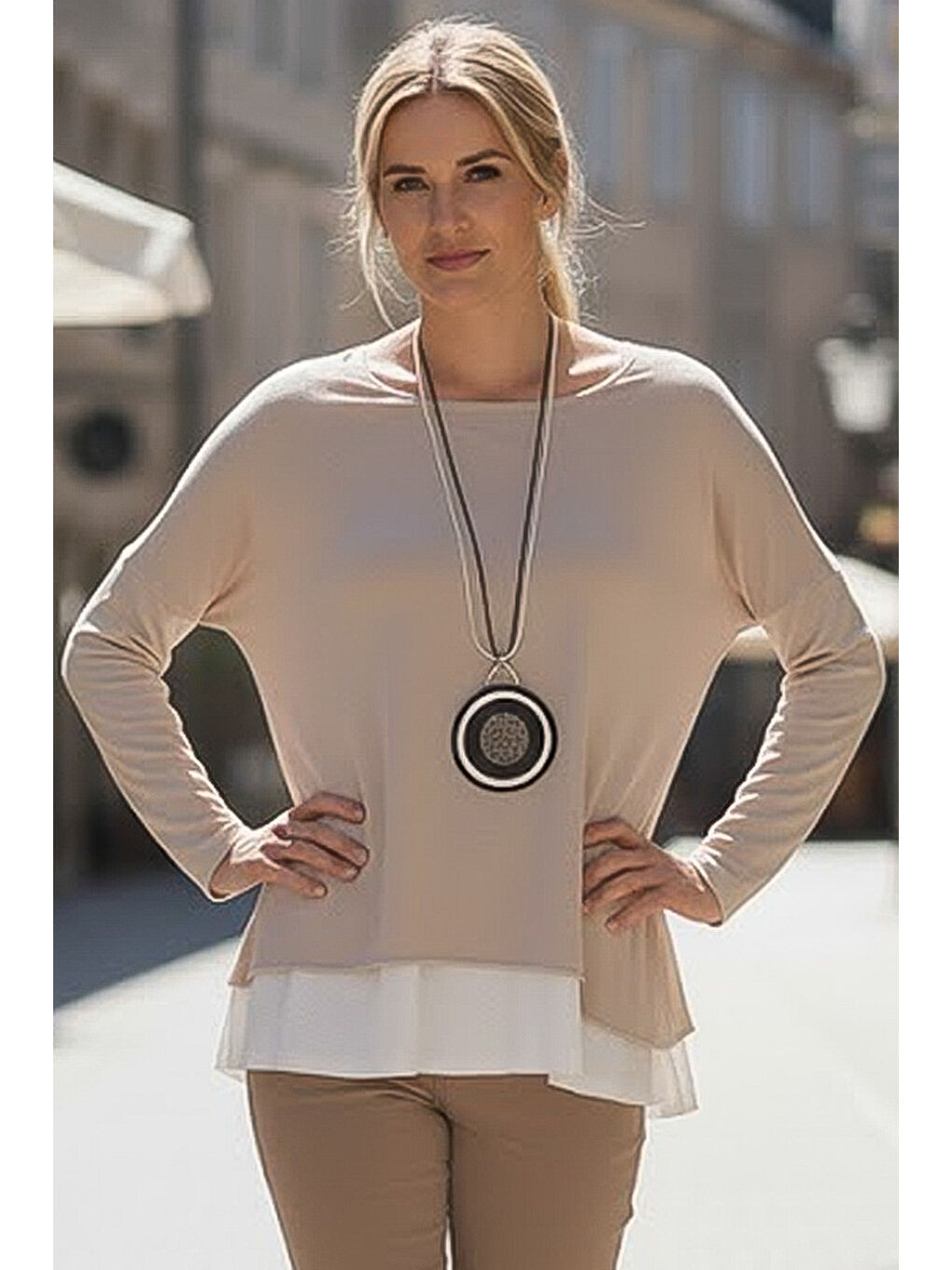 Bej Havuz Yaka Uzun Kol İnce İkili Set Kolyeli Casual Oversize Triko Bluz 70 74-3