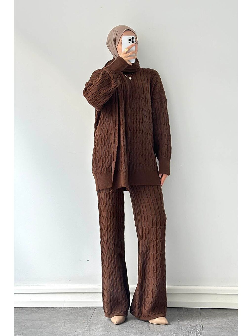 Atkılı Örülü Tesettür Takım Acı Kahverengi-3