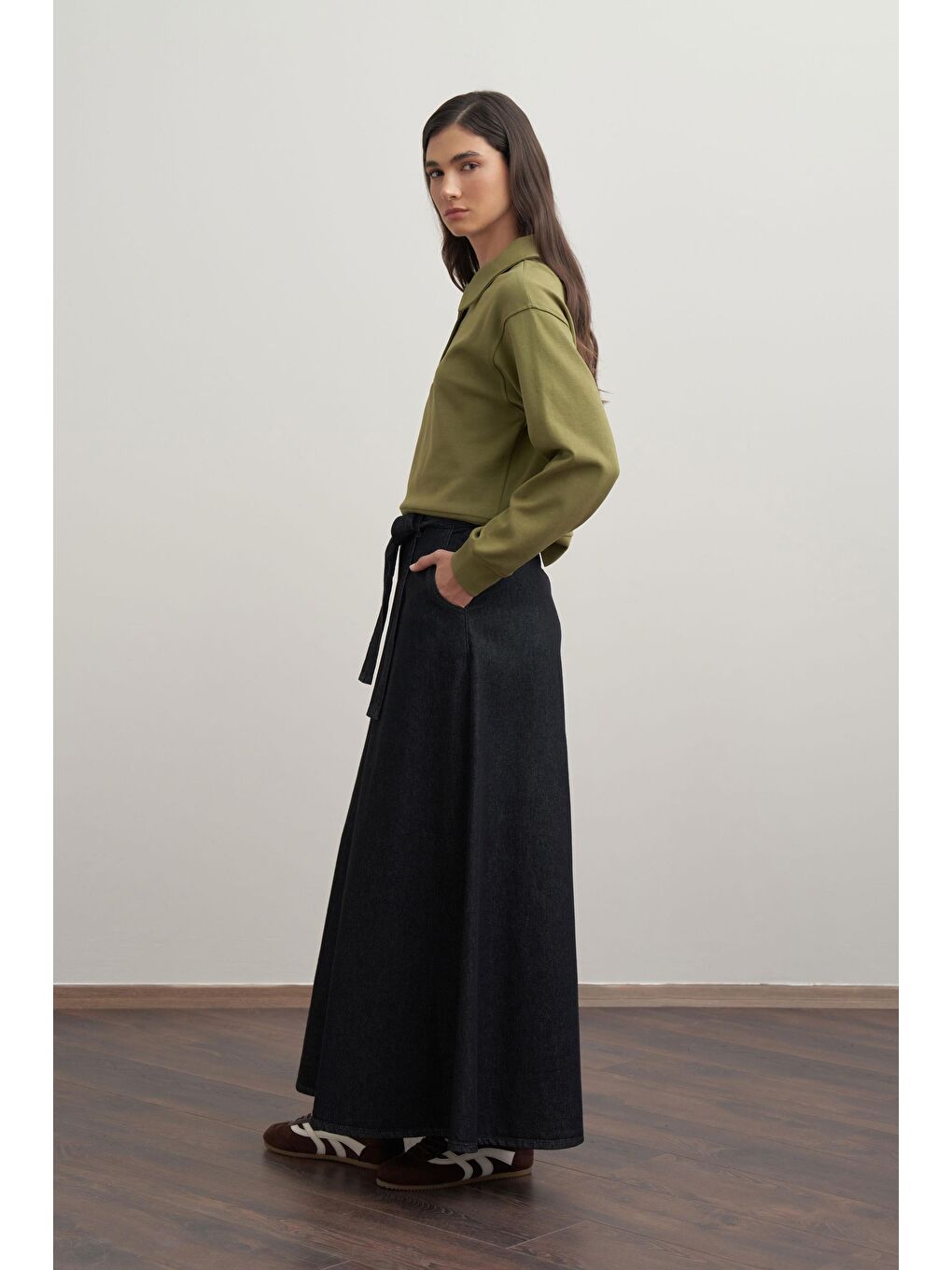 Yağ Yeşili-Gömlek Yakalı İnterlok Sweatshırt-2