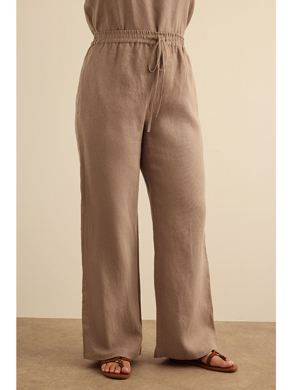 Bej Vizon Beli Lastikli Keten Pantolon-3