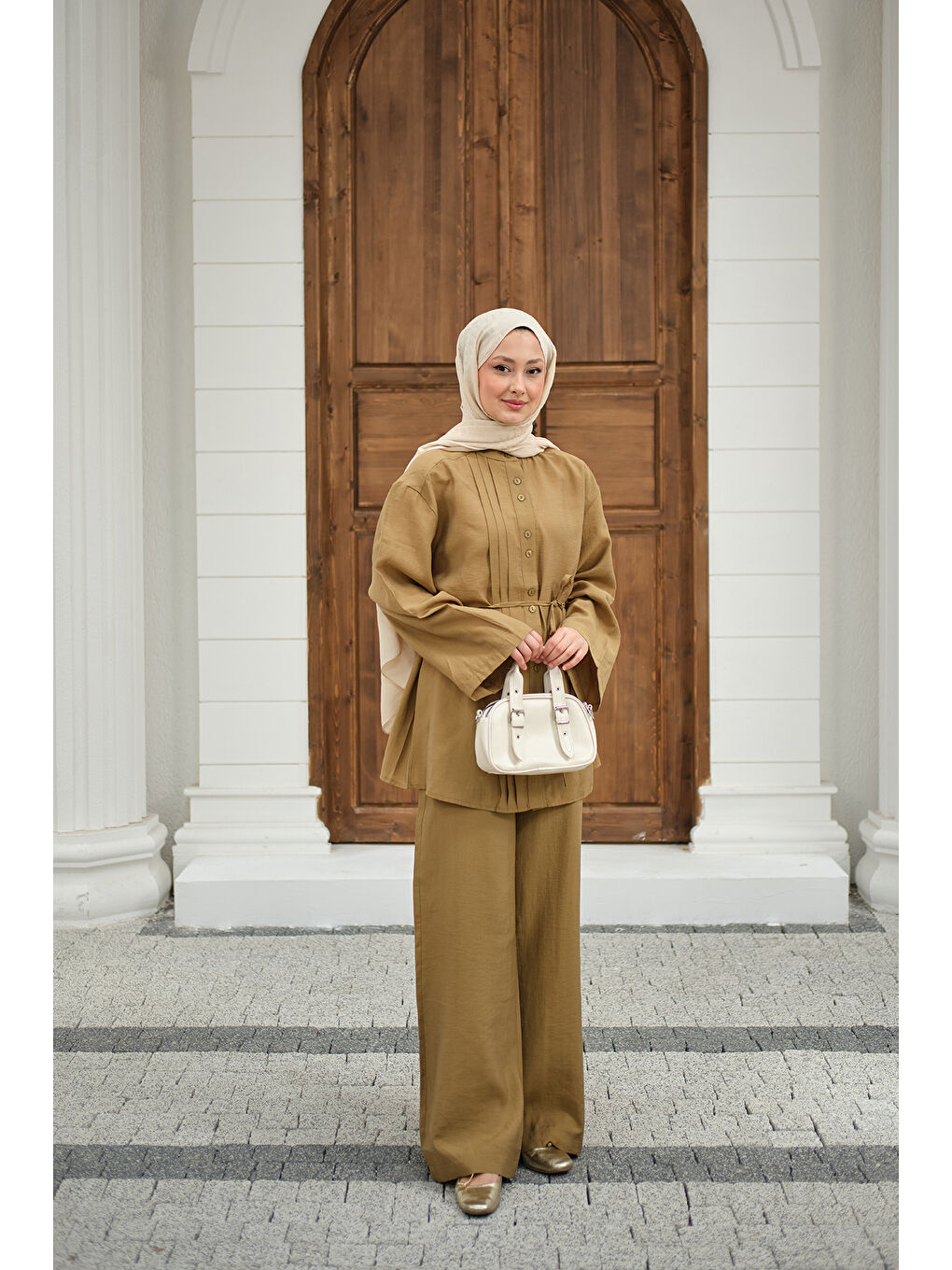 Kadın Büzgü Detay Bel Bağlamalı Takım Yağ Yeşil-1