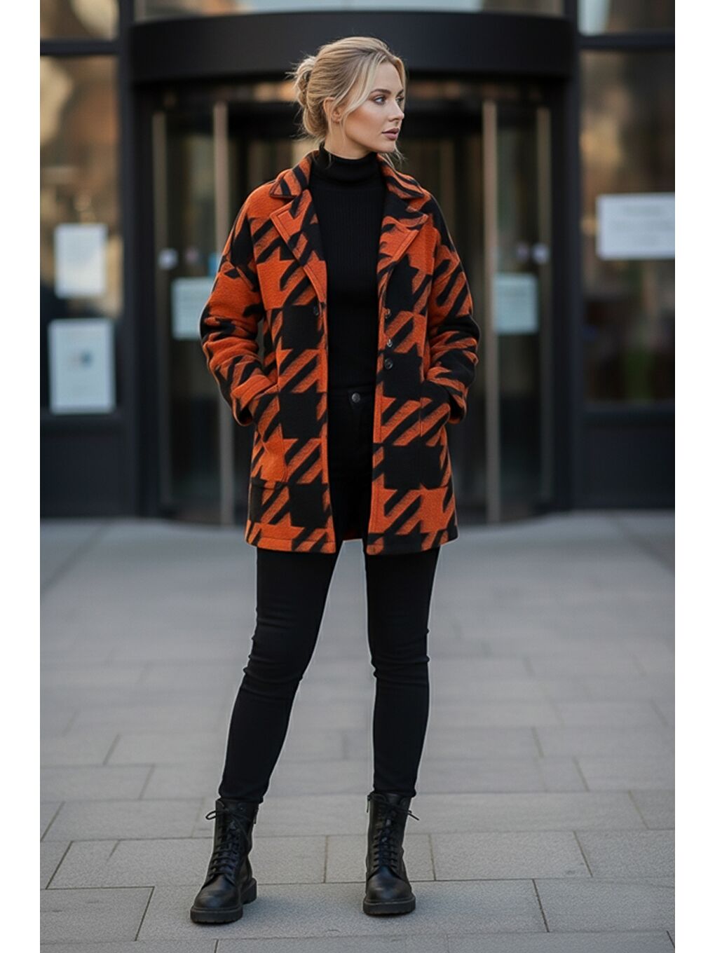 İtalyan Siyah-Turuncu Kimono Yaka Uzun Kol Kazayağı Kapamasız Cepli Casual Kaşe Dokuma Ceket 100 75-7