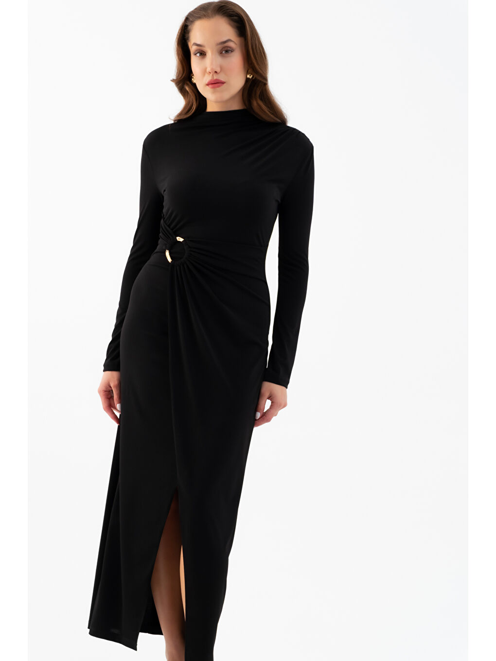 Kadın Siyah Omuz Büzgülü Halka Aksesuar Detaylı Elbise-2