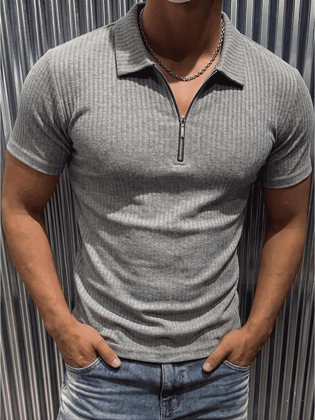 Antrasit Luuk Erkek Slim Fit Fermuarlı Polo Yaka Fitilli T-Shirt-1