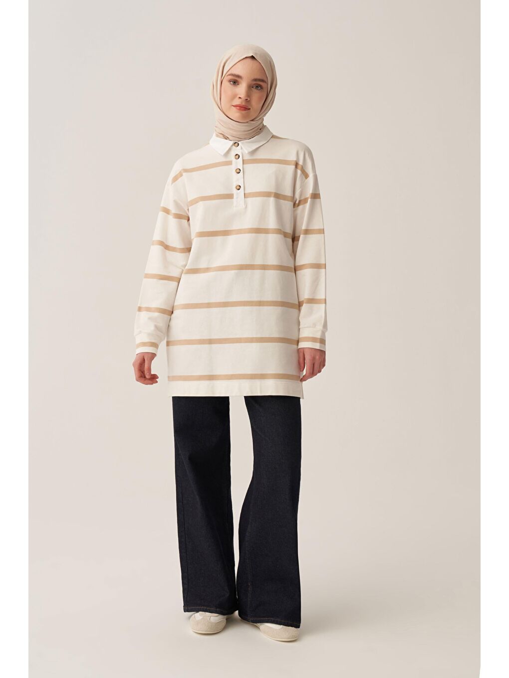 Bej-Ekru-Gömlek Garnİlİ Çİzgİlİ Sweat Tunİk-1