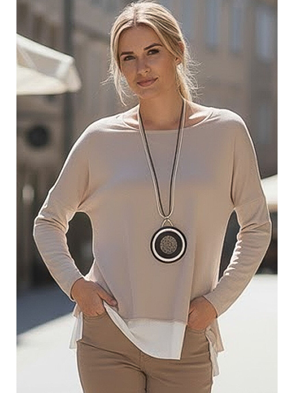 Bej Havuz Yaka Uzun Kol İnce İkili Set Kolyeli Casual Oversize Triko Bluz 70 74-4