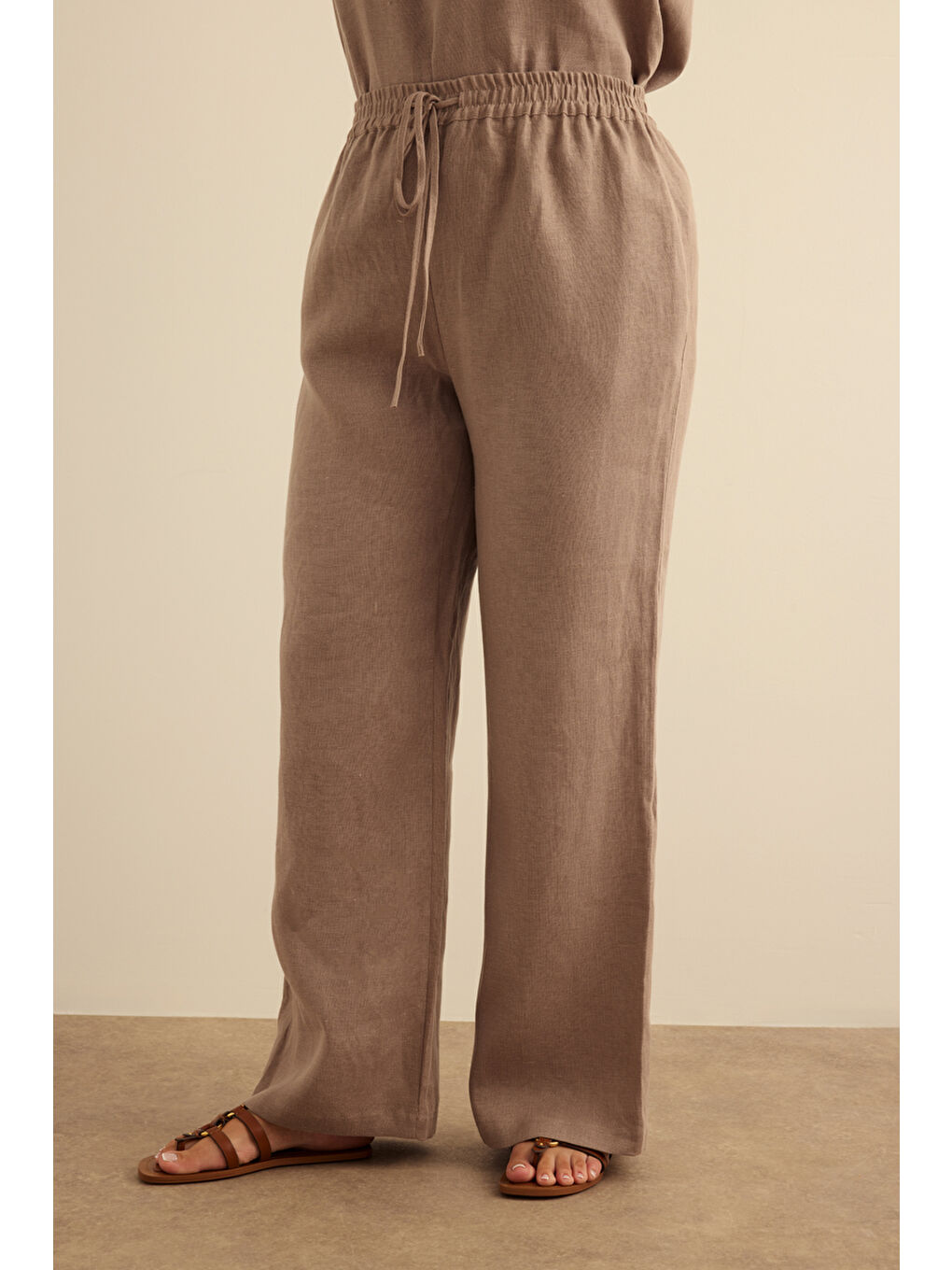 Bej Vizon Beli Lastikli Keten Pantolon-4