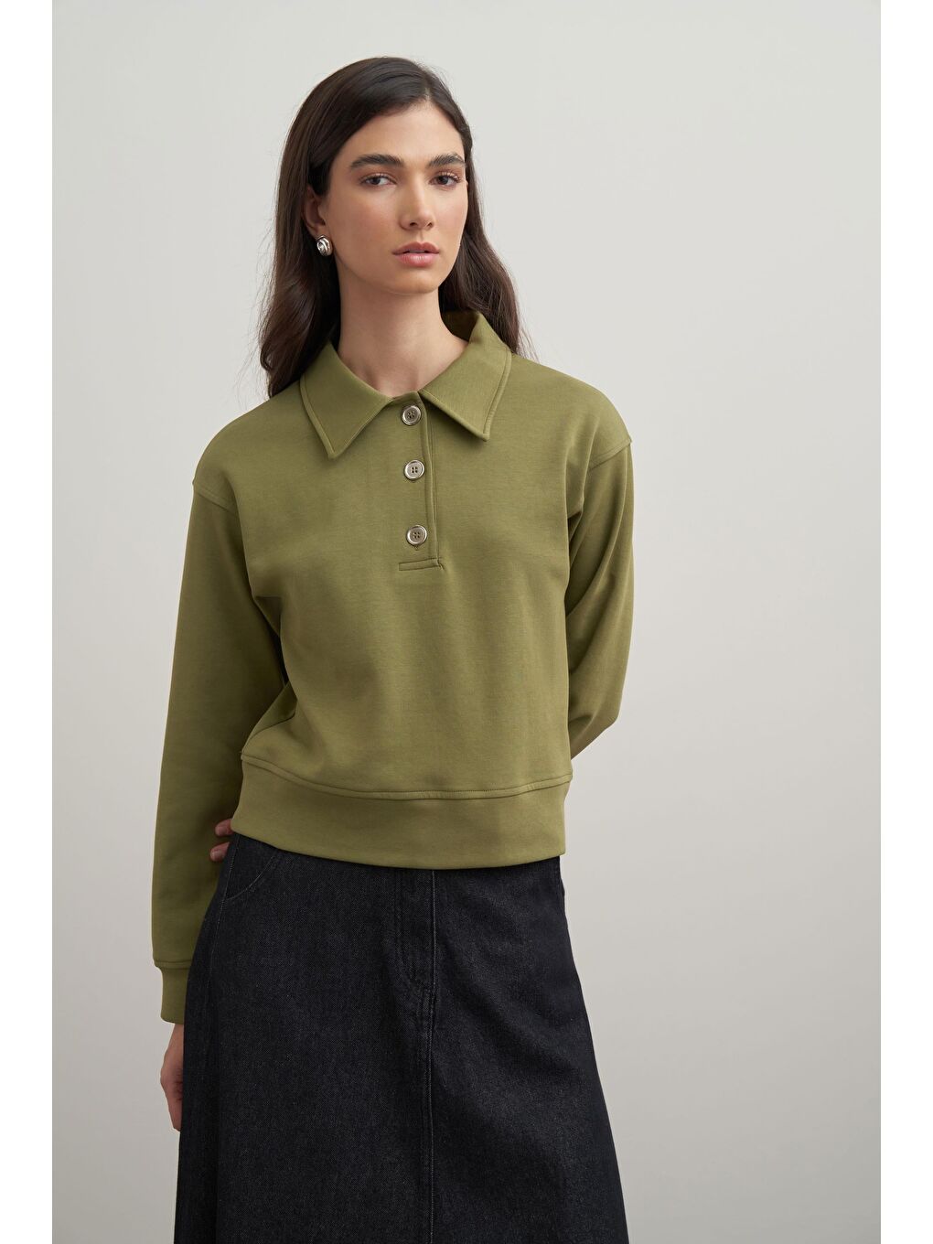 Yağ Yeşili-Gömlek Yakalı İnterlok Sweatshırt-3