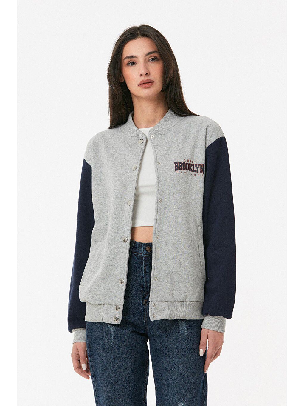 Gri Brooklyn Baskılı Çıt Çıtlı Kolej Ceket-1