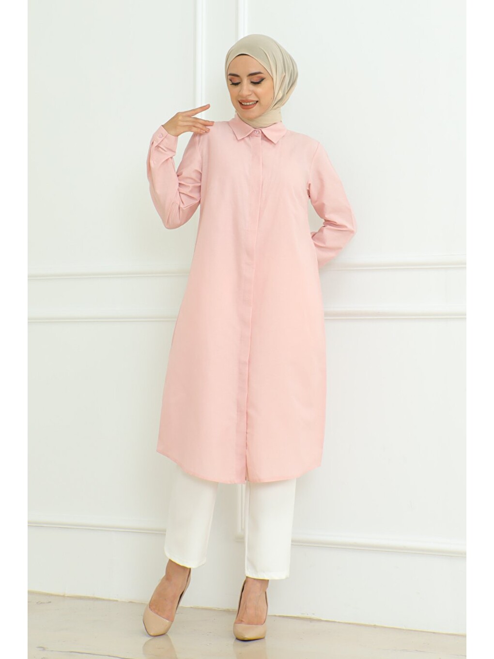 Pembe Kadın Premium Ekstra Uzun Günlük Pudra Polo Yaka Tesettür Gömlek Elbise-2