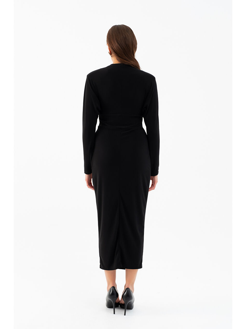 Kadın Siyah V Yaka Midi Elbise-5