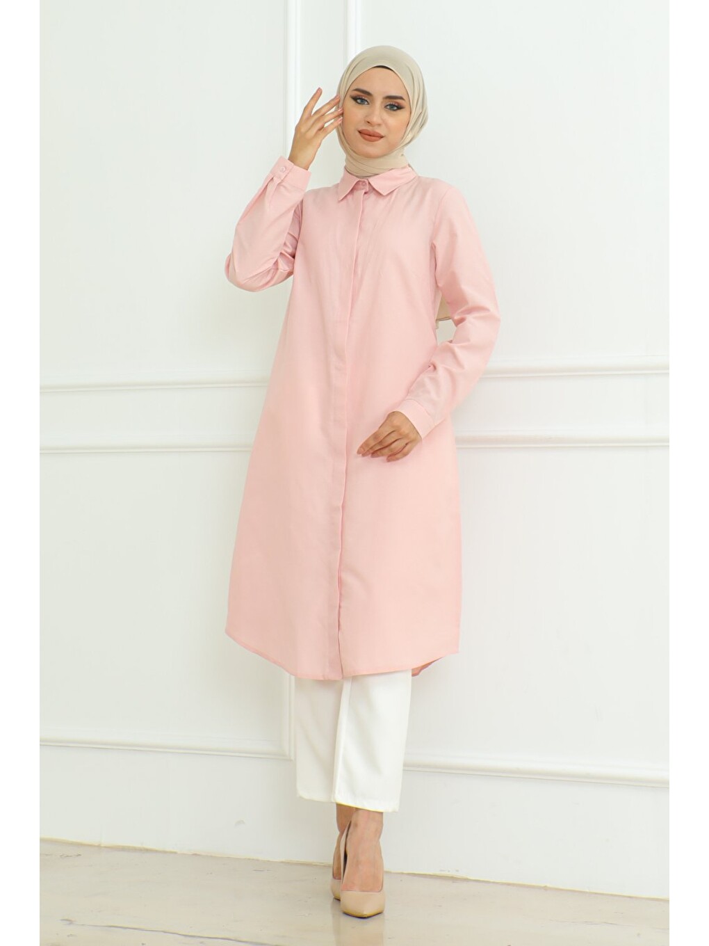 Pembe Kadın Premium Ekstra Uzun Günlük Pudra Polo Yaka Tesettür Gömlek Elbise-3