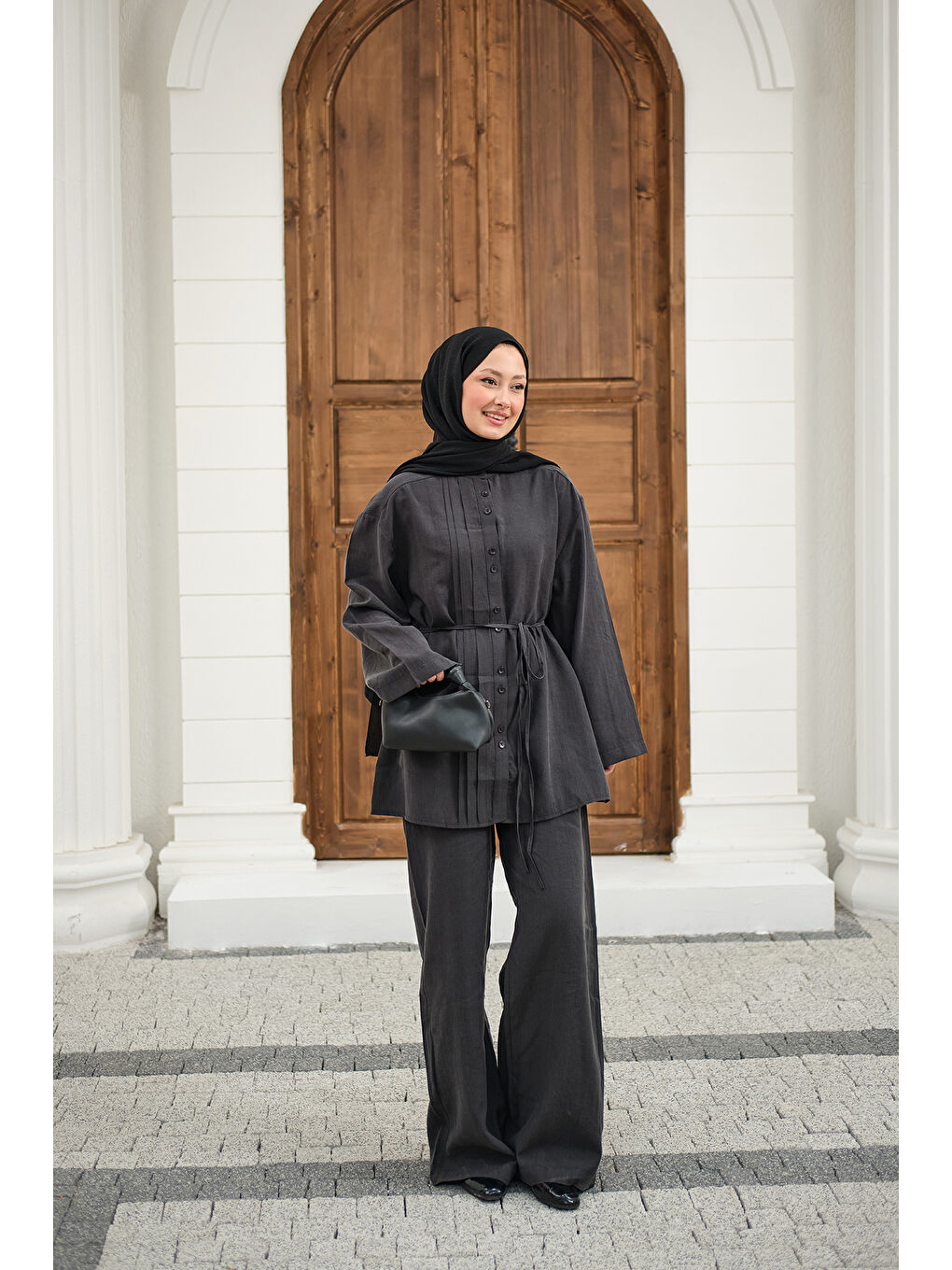 Kadın Büzgü Detay Bel Bağlamalı Takım Antrasit-3