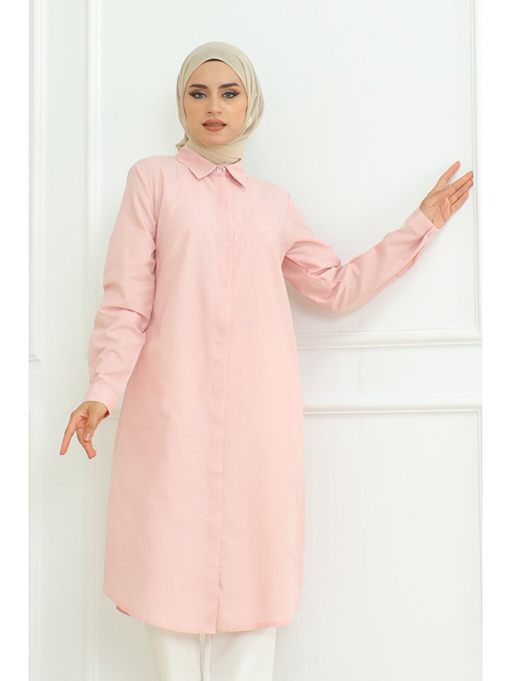 Pembe Kadın Premium Ekstra Uzun Günlük Pudra Polo Yaka Tesettür Gömlek Elbise-4