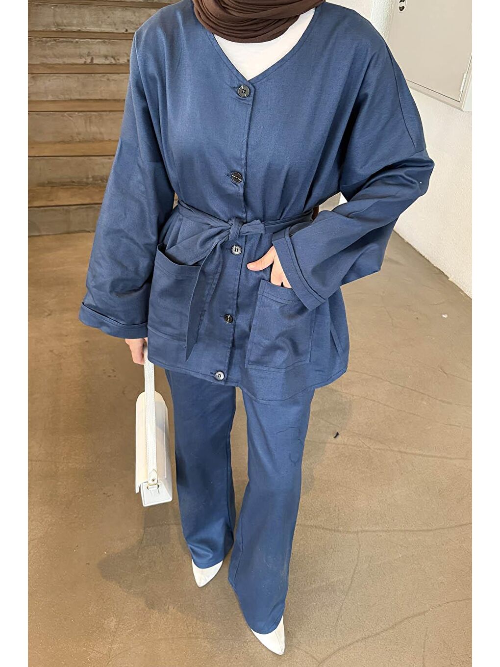 Kuşaklı Gabardin Takım Lacivert-2