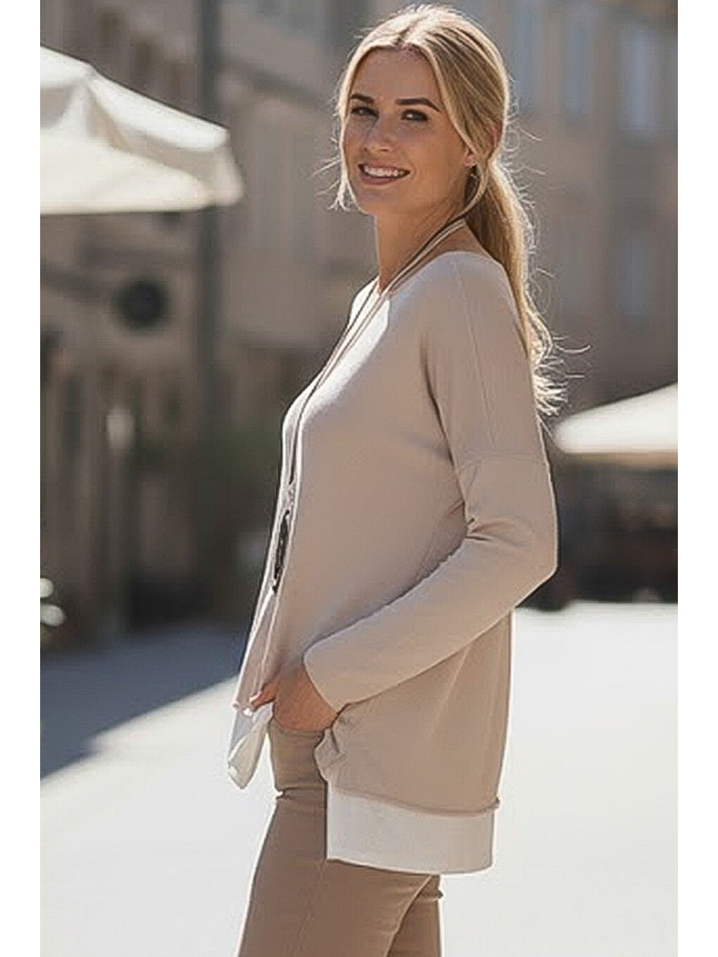 Bej Havuz Yaka Uzun Kol İnce İkili Set Kolyeli Casual Oversize Triko Bluz 70 74-5