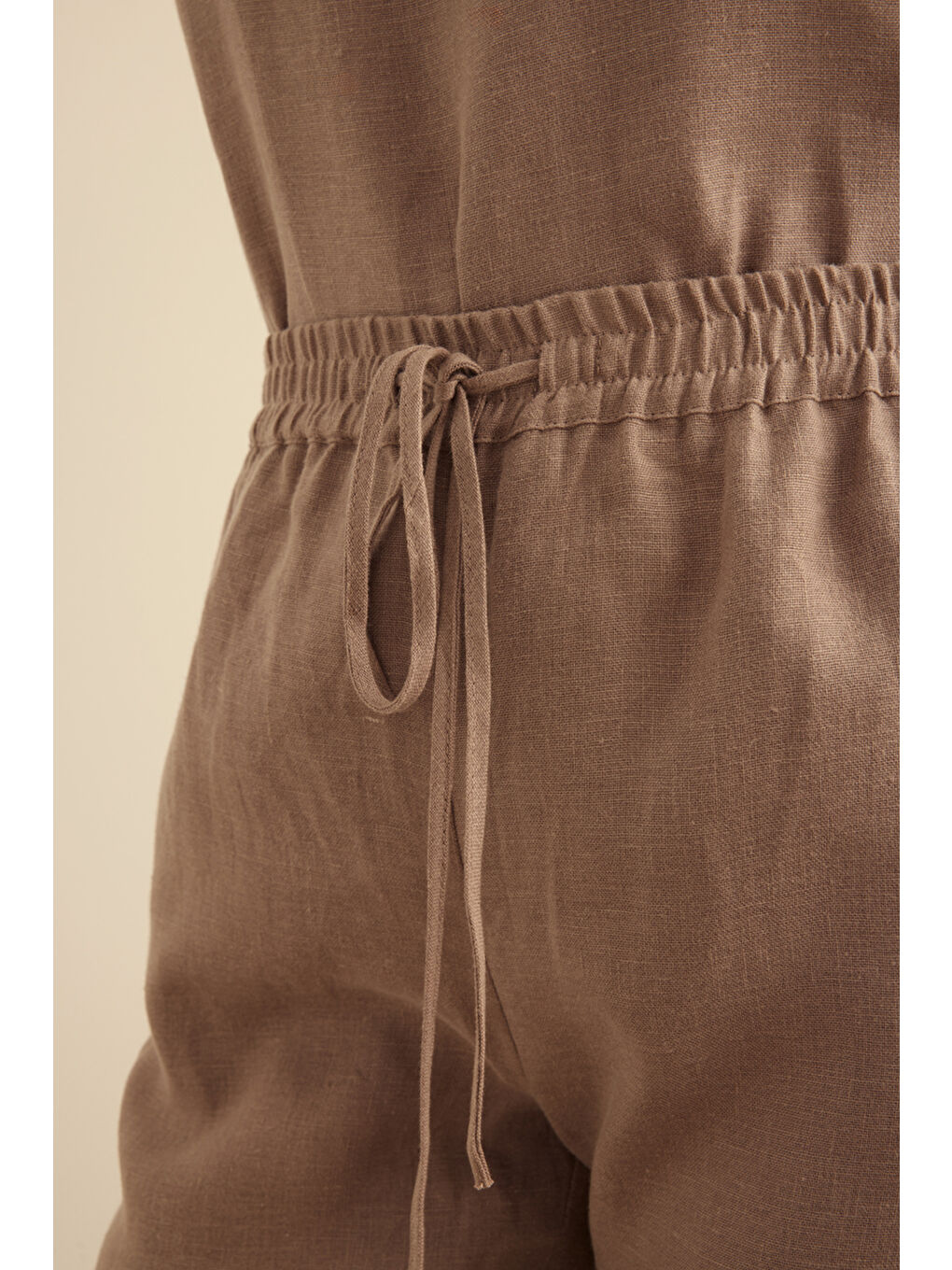 Bej Vizon Beli Lastikli Keten Pantolon-5
