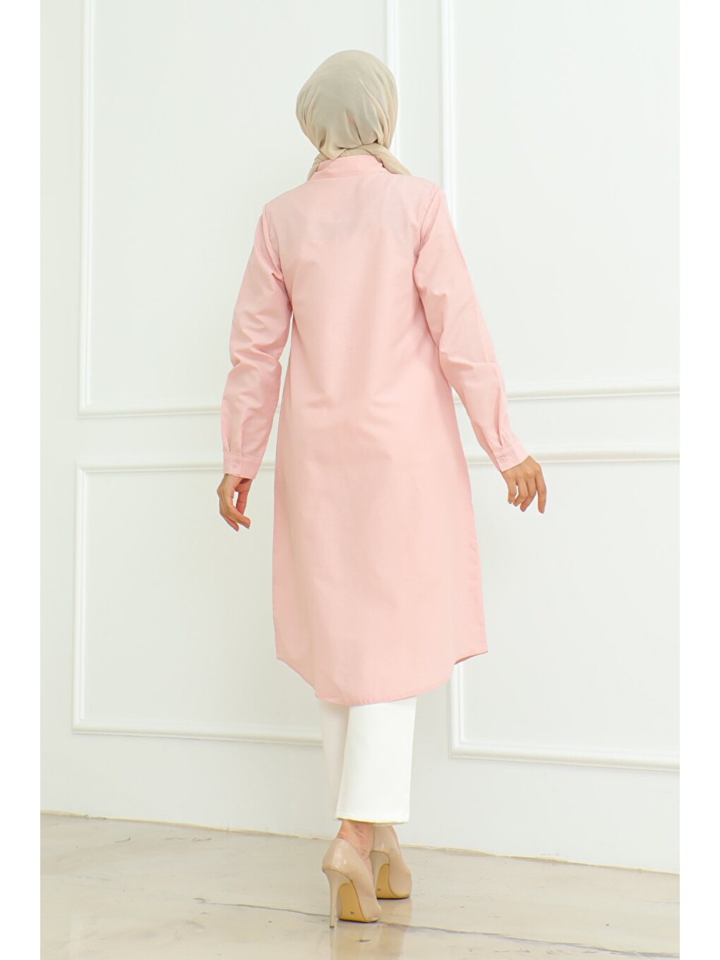 Pembe Kadın Premium Ekstra Uzun Günlük Pudra Polo Yaka Tesettür Gömlek Elbise-6